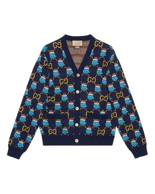 Gucci Blue gg Animal Cotton Wool Jacquard Cardigan for men