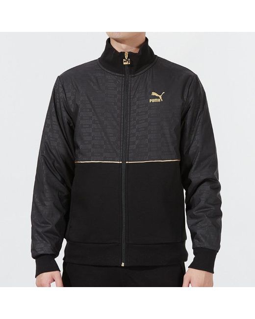 PUMA Black Luxe Jacket Logo Casual Sports Knit Stand Collar Asia Sizing for men