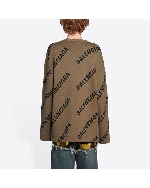 Balenciaga Brown All Over Logo Crewneck Wool Knit Sweater 'Light' for men