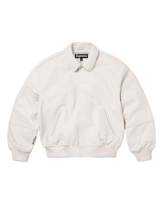 Supreme White Gore-Tex Infinium Windstopper Leather Varsity Jacket for men