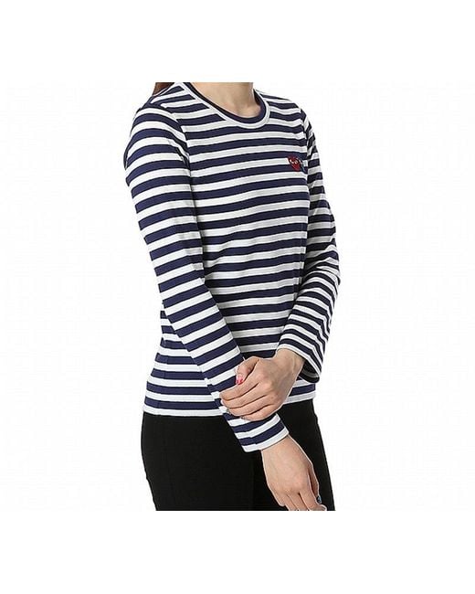 COMME DES GARÇONS PLAY Blue (Wmns) Striped Double Hearts Logo Long Sleeves Tee