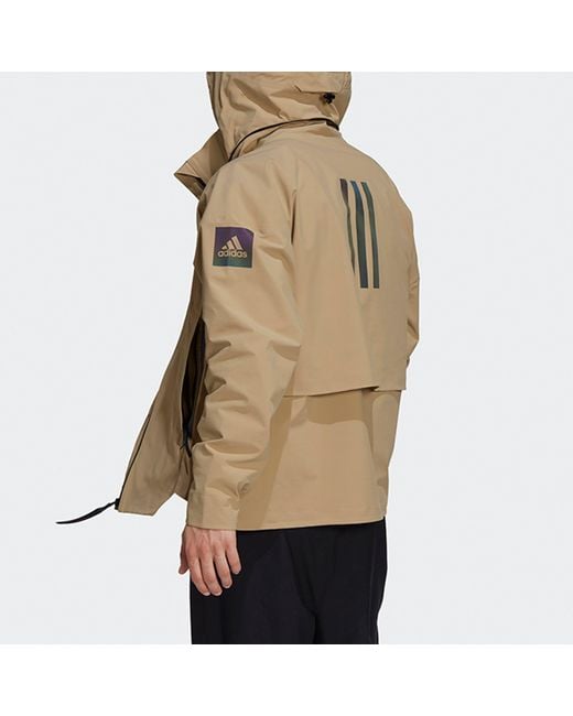 Adidas Natural Myshelter Jkt Outdoor Sports Rainproof Loose Hooded Logo Khaki Jacket for men
