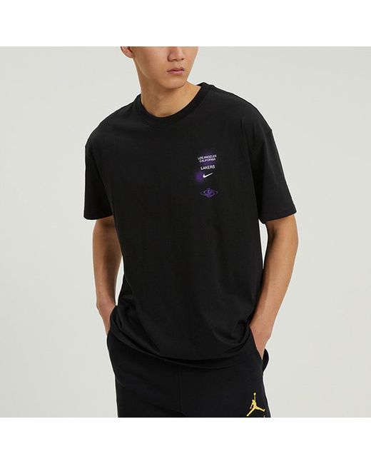 Nike X Nba Crossover Los Angeles Lakers Courtside Pattern Printing Round Neck Short Sleeve Black for men