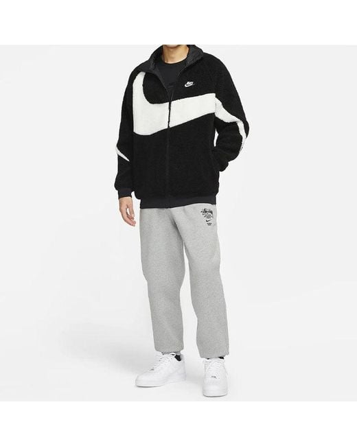Nike Black Big Swoosh Large Logo Lamb's Wool Stay Warm Stand Collar Jacket for men