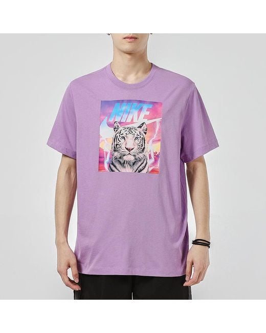 Nike Purple Tiger Pattern Logo Athleisure Casual Sports Short Sleeve T-Shirt for men