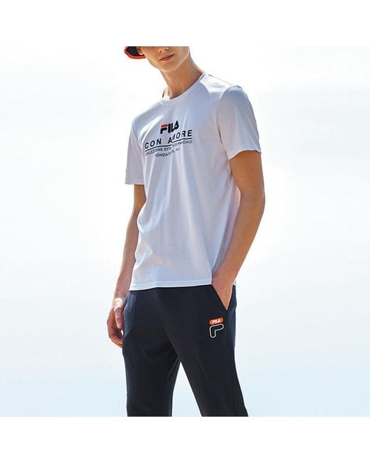 Fila White Logo Letter Print Crewneck Loose Short Sleeve for men