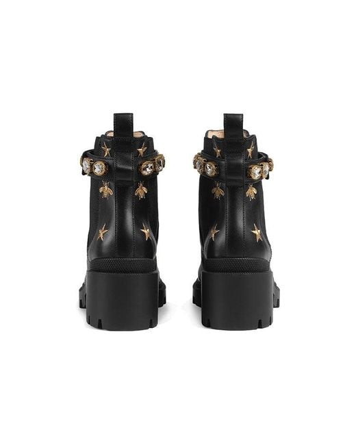 Gucci Black (Wmns) Stars And Bee Embroidered Leather Ankle Boot With Belt