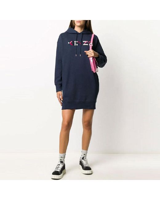 KENZO Blue (Wmns) Fw20 Logo Embroidered Fleece Lined Hooded Long Sleeves Hoodie