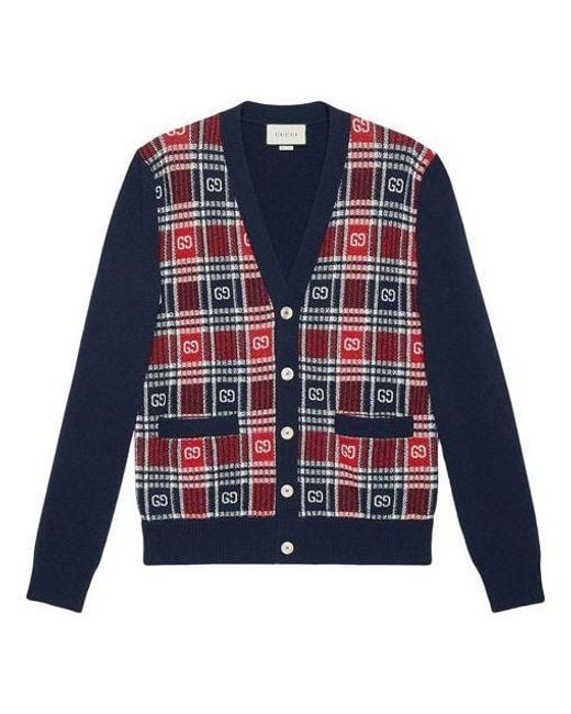 Gucci Blue Gg Checked Jacquard Cashmere Sweater For for men