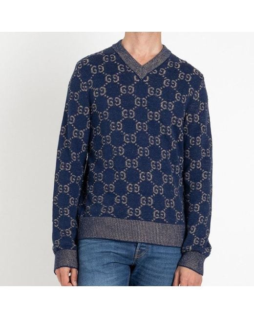 Gucci Blue Gg Jacquard Pull Knit For for men