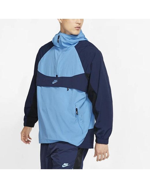 Nike Blue Colorblock Half Zipper Woven Hooded Jacket for men
