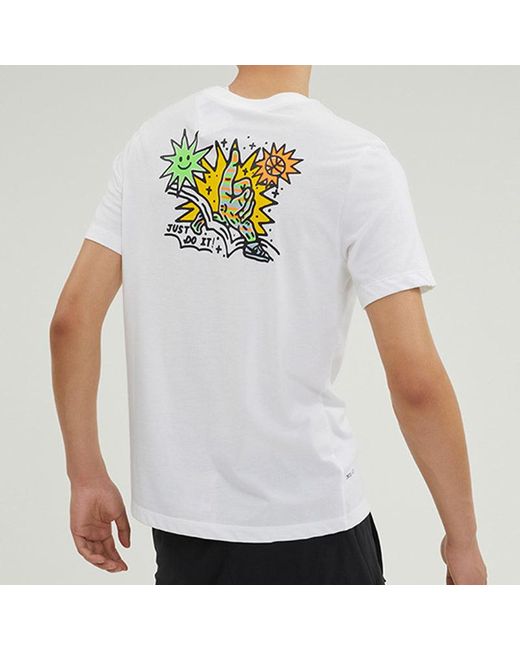 Nike White Cartoon Sun Hand Printing Pattern Alphabet Round Neck Short Sleeve T-Shirt for men