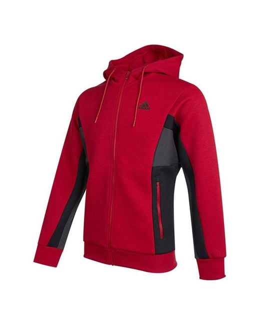 Adidas Red St Kn Spcr Jkt Contrasting Colors Pocket Knit Sports Hooded Logo Jacket for men