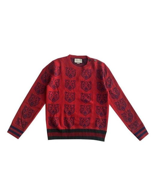 Gucci Red Knit Sweater Jumper With Tigers for men