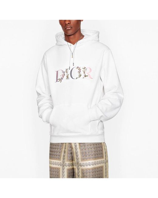 Dior White Flowers Floral Logo Embroidered Printed Loose Hooded Sweatshirt For for men