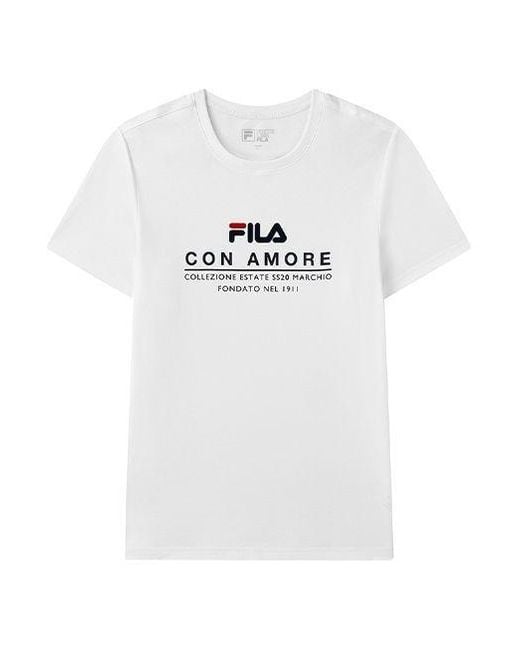 Fila White Logo Letter Print Crewneck Loose Short Sleeve for men