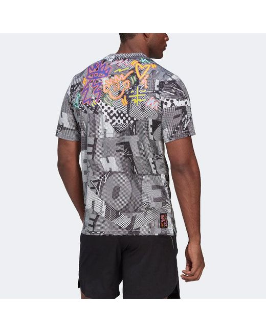 Adidas Gray Splicing Color Block Full Print Sports Gym Short Sleeve T-Shirt for men