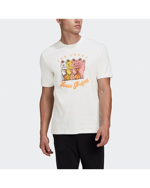 Adidas White 3 Cats Graphic Loose Sports Round Neck Cartoon Printing Short Sleeve for men