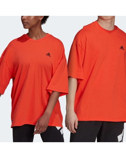 Adidas Red Solid Color Logo Athleisure Casual Sports Round Neck Short Sleeve Couple Style Fluorescence for men