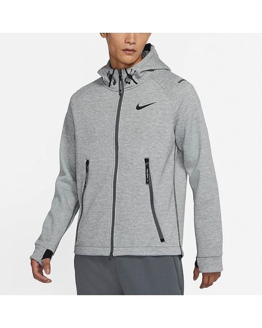 Nike Gray Pro Therma-Fit Full-Length Zipper Cardigan Knit Training Hooded Jacket for men