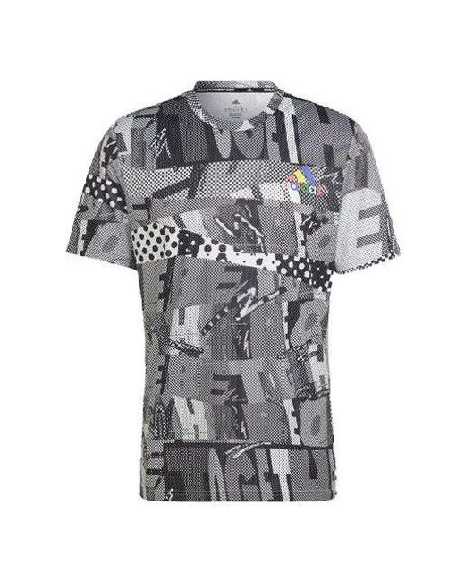 Adidas Gray Splicing Color Block Full Print Sports Gym Short Sleeve T-Shirt for men
