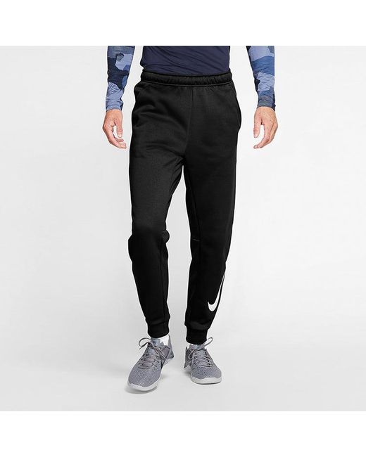 Nike Black Therma Tapered Swoosh Fleece Lined Sports Training Long Pants for men