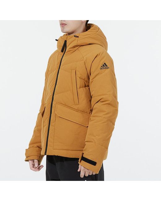 Adidas Brown Big Baffle Jkt Casual Sports Zipper Cardigan Hooded Down Jacket Turmeric for men