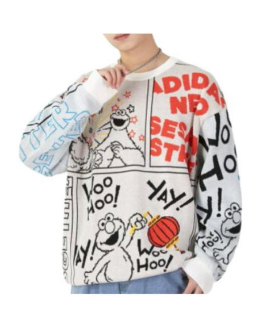 Adidas Multicolor X Sesame Street Crossover Cartoon Alphabet Full Print Round Neck Knitwear Beige for men