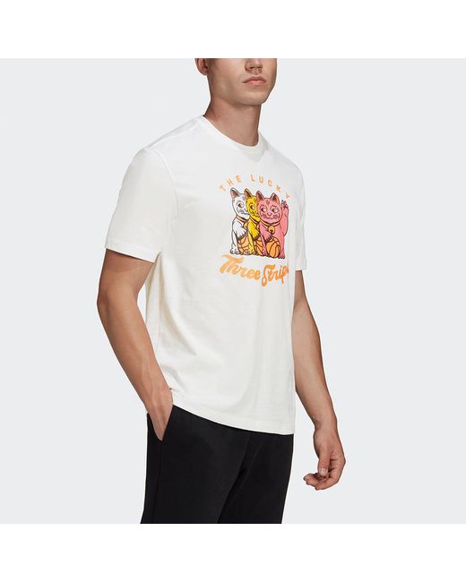Adidas White 3 Cats Graphic Loose Sports Round Neck Cartoon Printing Short Sleeve for men