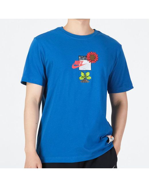 Nike Blue Logo Plant Flowers Pattern Printing Round Neck Casual Short Sleeve Sky T-Shirt for men
