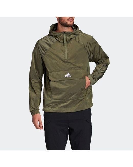 Adidas Green Half Zipper Casual Hooded Pullover Sports Jacket Tops for men