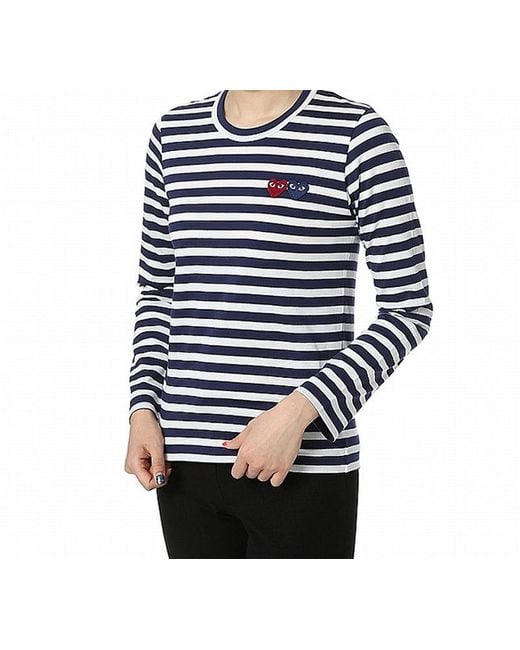 COMME DES GARÇONS PLAY Blue (Wmns) Striped Double Hearts Logo Long Sleeves Tee