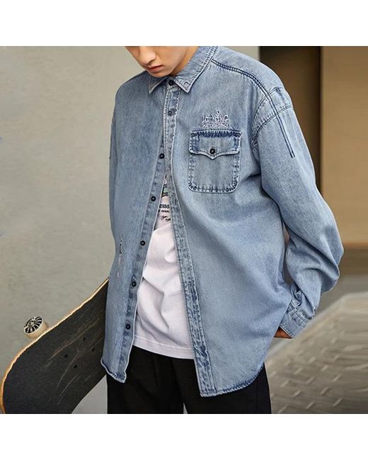 Li-ning Blue Skateboard Series Logo Embroidered Loose Washed Denim Shirt 'Light' for men