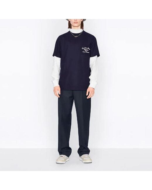 Dior Blue Ss22 Embroidered Plain Weave Knit Short Sleeve T-Shirt for men