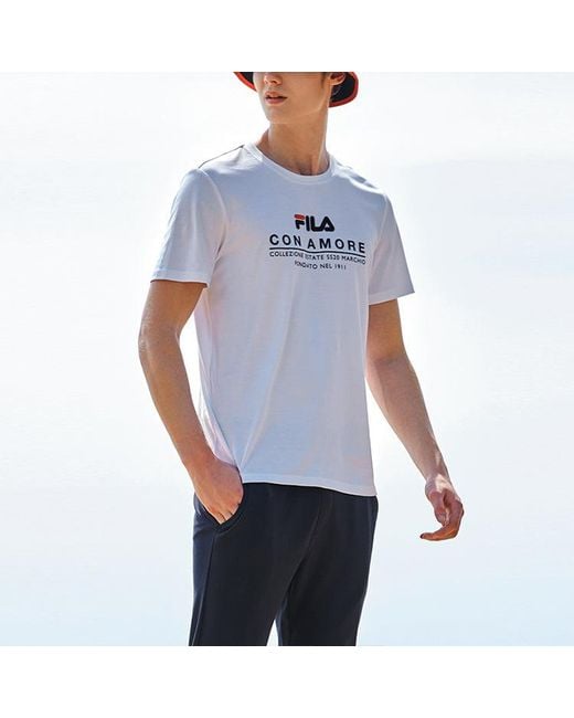 Fila White Logo Letter Print Crewneck Loose Short Sleeve for men