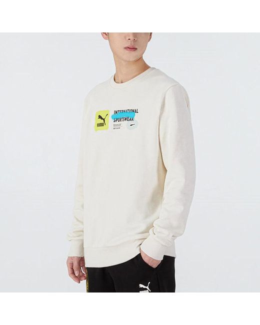 PUMA White Logo Pattern Printing Sports Round Neck Pullover for men