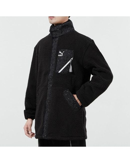 PUMA Black Paisley Imitation Lamb Wool Stand-Up Collar Jacket