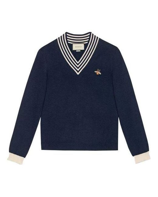 GUCCI ネイビー Vネック セーター Gucci Bee Pattern V-Neck Wool Sweater in Blue for Men | Lyst UK