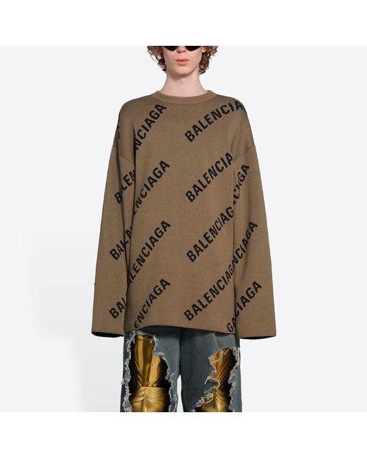 Balenciaga Brown All Over Logo Crewneck Wool Knit Sweater 'Light' for men