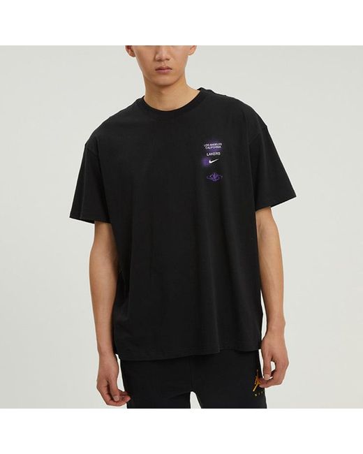 Nike X Nba Crossover Los Angeles Lakers Courtside Pattern Printing Round Neck Short Sleeve Black for men