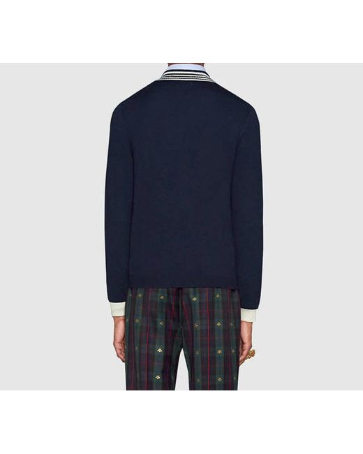 Gucci Blue Bee Pattern V-Neck Wool Sweater for men