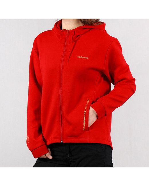 Adidas Red (Wmns) Neo Flowers Printing Sports Drawstring Hooded Jacket