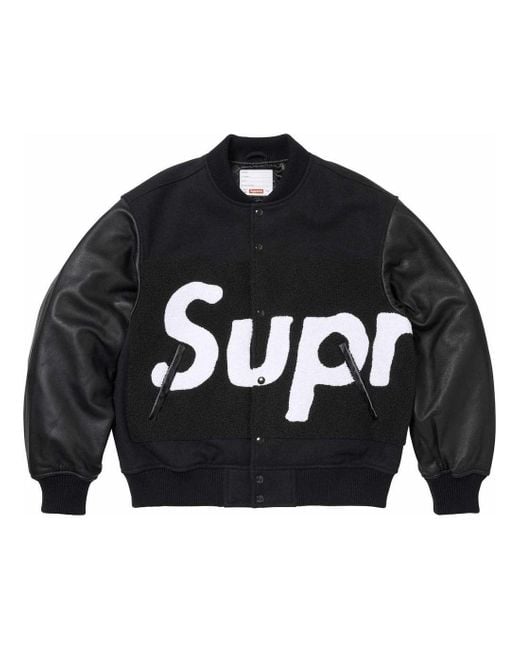 Supreme Black Big Logo Chenille Varsity Jacket Whtie' for men