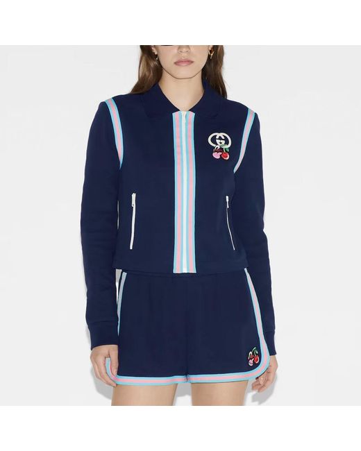 Gucci Blue (Wmns) Cotton Piquet Zip Cardigan With Patch 'Dark'