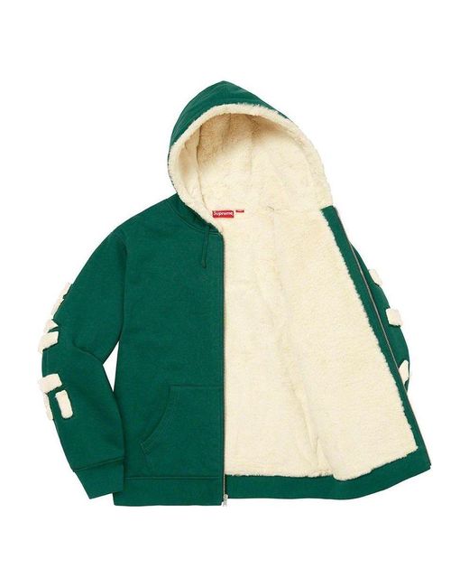 Supreme Green Faux Fur Lined Zip Up Hooded Sweatshirt for men
