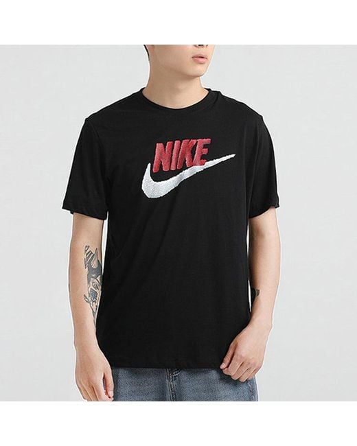 Nike Black Sportswear Logo Printing Round Neck Short Sleeve Obsidian for men