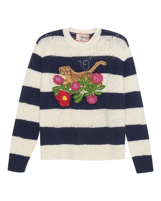 Gucci Blue Tiger Wool Sweater With Embroidery Tiger And Flower