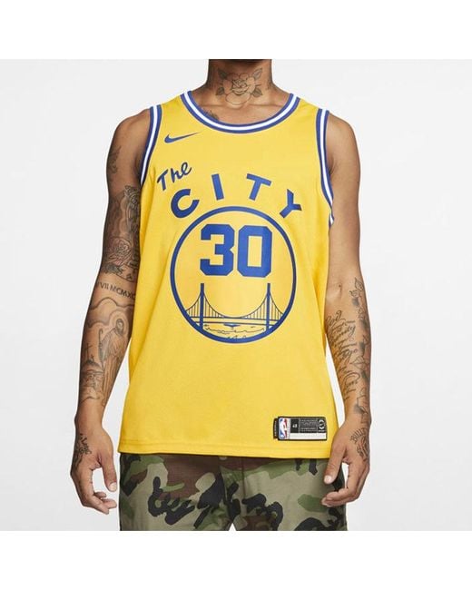 Nike Yellow Nba Golden State Warriors Hardwood Classics Curry Swingman Home Jersey for men