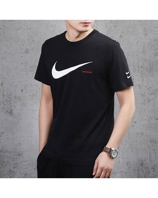 Nike Black Swoosh Logo Printing Knit Round Neck Short Sleeve for men