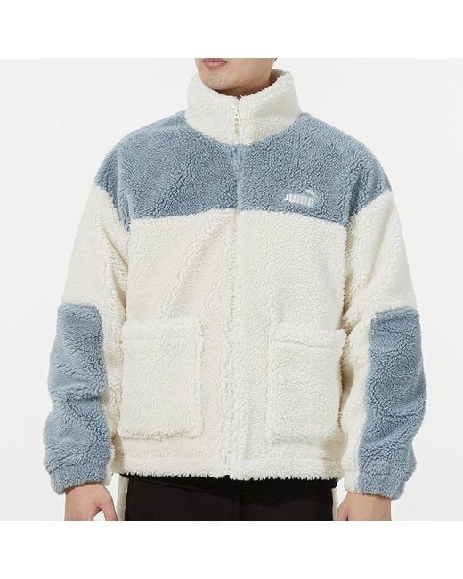 PUMA Blue Color Blocking Sherpa Jacket Contrasting Colors Lamb's Wool Stay Warm Sports Logo Creamy for men